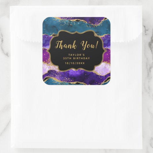 Paarse en Blauwe Peacock Agaat Verjaardag Dank u Vierkante Sticker (Tas)