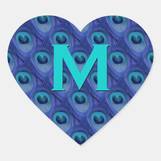 Paarse en Blauwe Peacock Monogram Bruiloft Hart Hart Sticker (Voorkant)