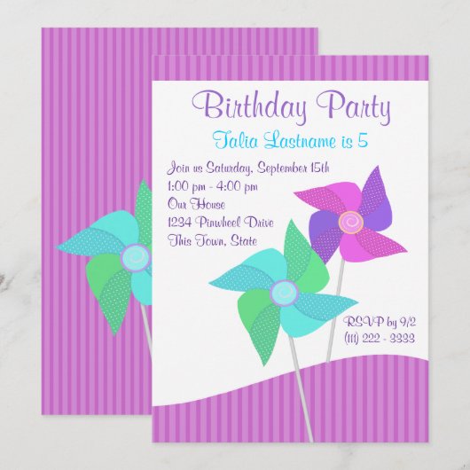 Paarse en blauwe pinwheels verjaardagsfeestje kaart (Voorkant / Achterkant)