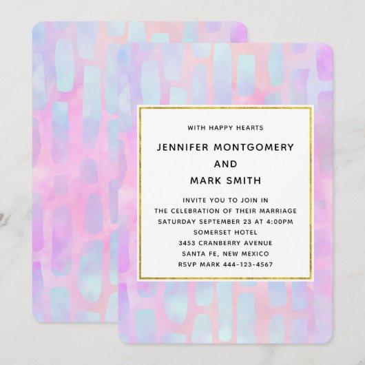 Paarse en blauwe rechthoekvormen op roze bruiloft kaart (Voorkant / Achterkant)