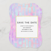 Paarse en blauwe rechthoekvormen op roze verjaarda save the date (Voorkant / Achterkant)