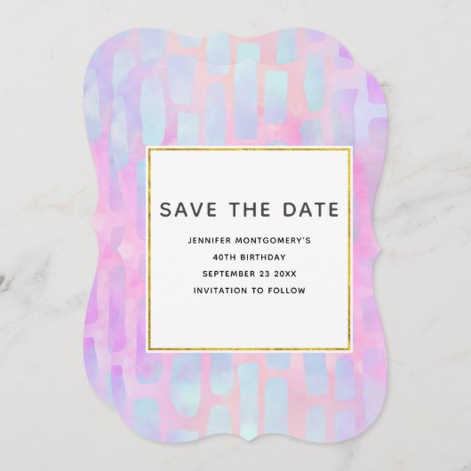 Paarse en blauwe rechthoekvormen op roze verjaarda save the date (Voorkant / Achterkant)