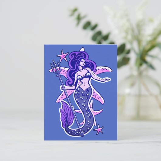 Paarse en blauwe retro-pop-upzeemeermin briefkaart (Staand voorkant)