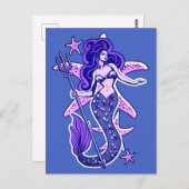 Paarse en blauwe retro-pop-upzeemeermin briefkaart (Voorkant / Achterkant)