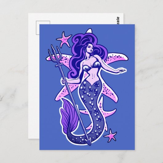 Paarse en blauwe retro-pop-upzeemeermin briefkaart (Voorkant / Achterkant)