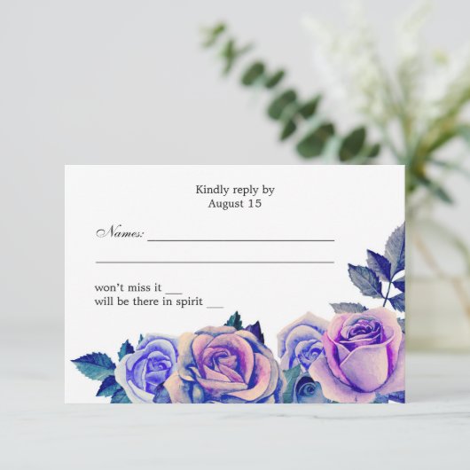 Paarse en blauwe rozen bruiloft rsvp Bloemen react (Staand voorkant)