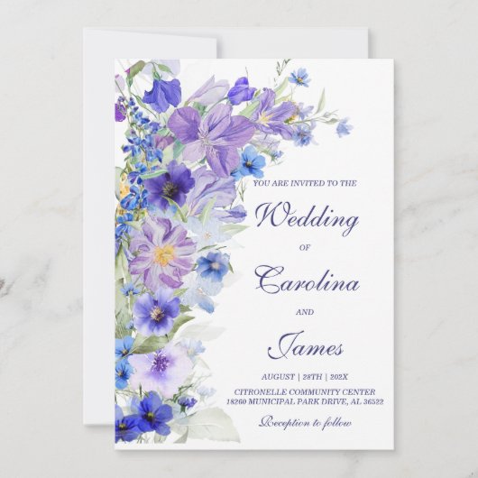 Paarse en blauwe rustieke Wildflower bruiloft Kaart (Voorkant)
