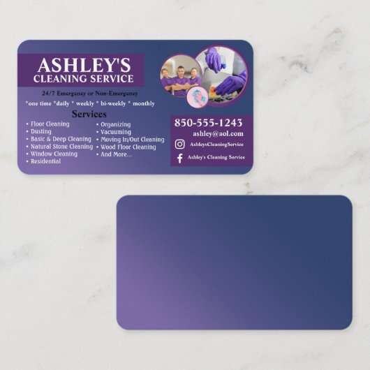 Paarse en blauwe Schoonmaak Service Visitekaartje (Voorkant / Achterkant)