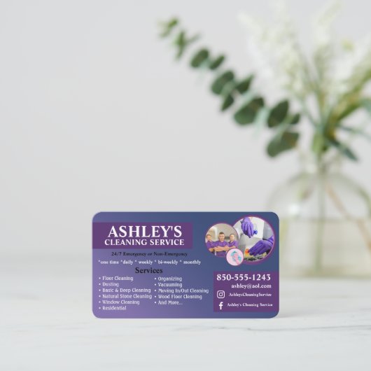 Paarse en blauwe Schoonmaak Service Visitekaartje (Staand voorkant)