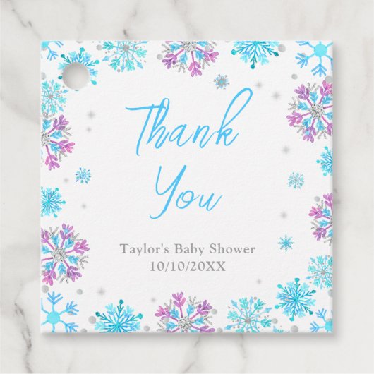 Paarse en Blauwe Sneeuwvlokken Baby shower Bedankt Bedankjes Labels (Voorkant)