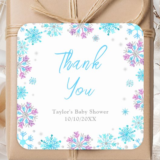 Paarse en Blauwe Sneeuwvlokken Baby shower Bedankt Vierkante Sticker