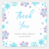 Paarse en Blauwe Sneeuwvlokken Baby shower Bedankt Vierkante Sticker (Voorkant)