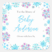 Paarse en Blauwe Sneeuwvlokken Baby shower Bookpla Vierkante Sticker (Voorkant)