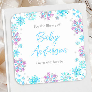 Paarse en Blauwe Sneeuwvlokken Baby Shower Ex-Libr Vierkante Sticker