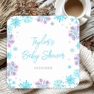 Paarse en Blauwe Sneeuwvlokken Baby Shower Kartonnen Onderzetters