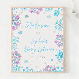 Paarse en blauwe sneeuwvlokken Baby shower Welkom Poster