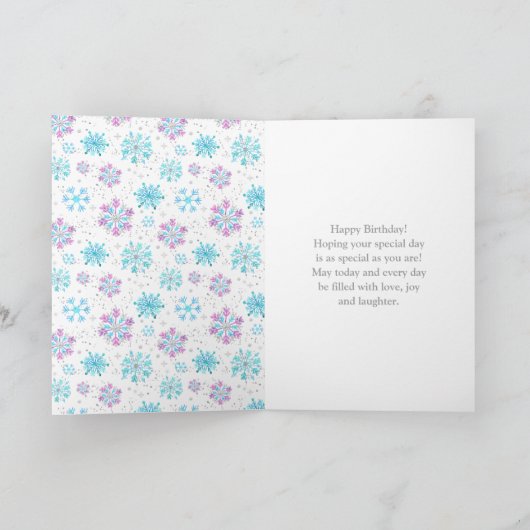 Paarse en blauwe sneeuwvlokken Fijne verjaardag Kaart (Binnen)