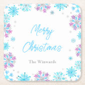 Paarse en blauwe sneeuwvlokken kerstfeest kartonnen onderzetters (Voorkant)