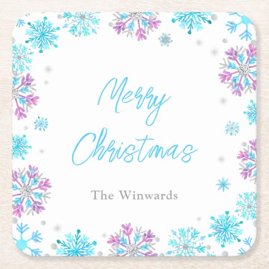 Paarse en blauwe sneeuwvlokken kerstfeest kartonnen onderzetters (Voorkant)