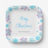 Paarse en blauwe sneeuwvlokken kerstfeest papieren bordje (Voorkant)
