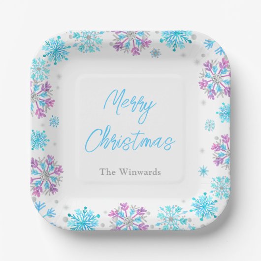 Paarse en blauwe sneeuwvlokken kerstfeest papieren bordje (Voorkant)