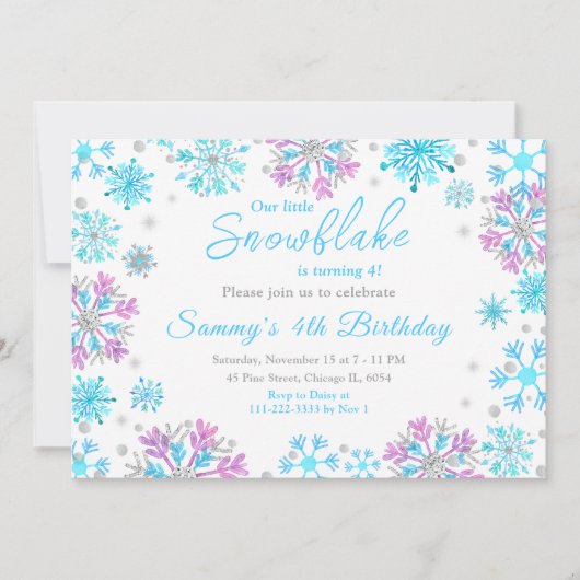 Paarse en Blauwe Sneeuwvlokken Verjaardagsfeest Kaart