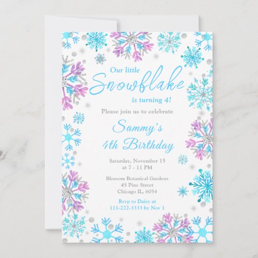 Paarse en Blauwe Sneeuwvlokken Verjaardagsfeest Kaart (Voorkant)