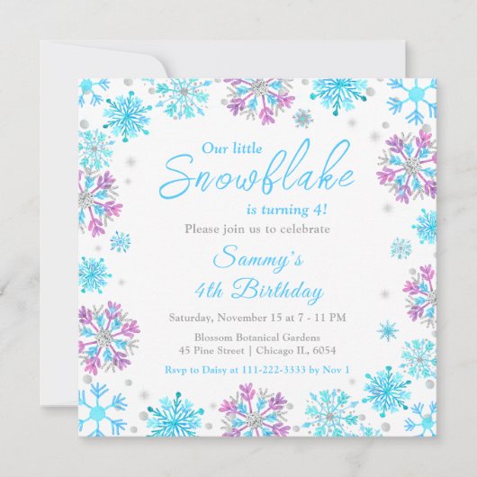 Paarse en Blauwe Sneeuwvlokken Verjaardagsfeest Kaart (Voorkant)