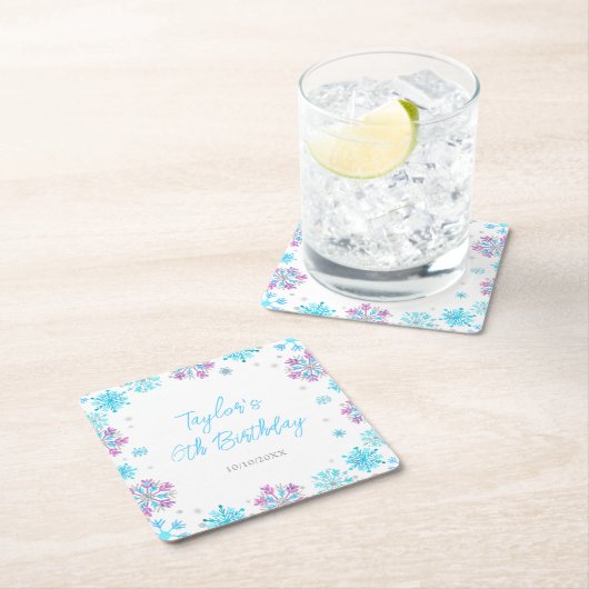 Paarse en Blauwe Sneeuwvlokken Verjaardagsfeest Kartonnen Onderzetters (Insitu)