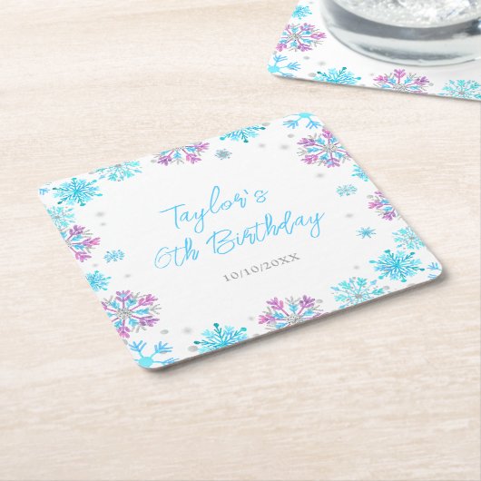 Paarse en Blauwe Sneeuwvlokken Verjaardagsfeest Kartonnen Onderzetters (Schuin)