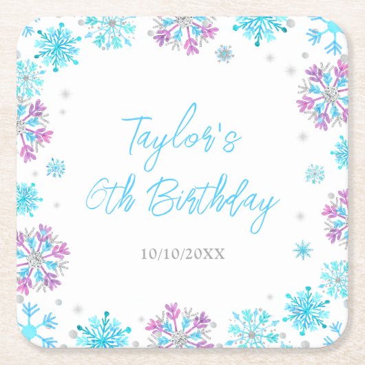 Paarse en Blauwe Sneeuwvlokken Verjaardagsfeest Kartonnen Onderzetters (Voorkant)
