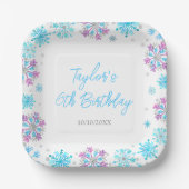 Paarse en Blauwe Sneeuwvlokken Verjaardagsfeest Papieren Bordje (Voorkant)