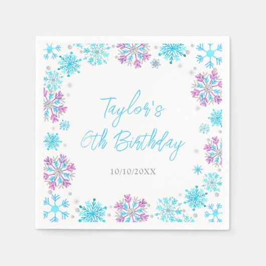 Paarse en Blauwe Sneeuwvlokken Verjaardagsfeest Servet (Voorkant)