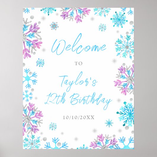 Paarse en blauwe sneeuwvlokken verjaardagsfeestje  poster (Voorkant)