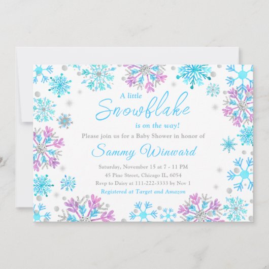 Paarse en blauwe sneeuwvlokken WinterBaby shower Kaart (Voorkant)