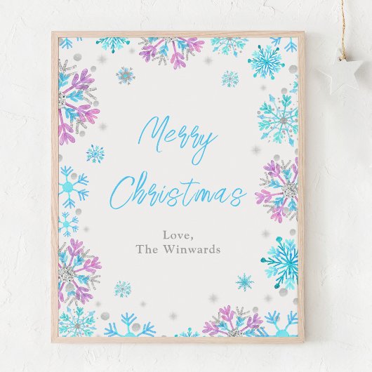 Paarse en blauwe snowflakes Merry Kerstmis Poster