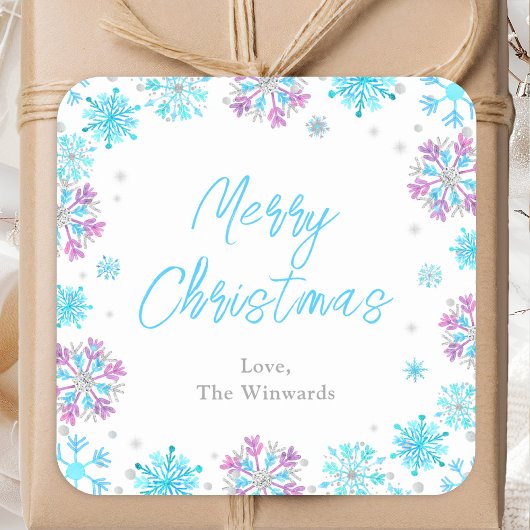 Paarse en blauwe snowflakes Merry Kerstmis Vierkante Sticker