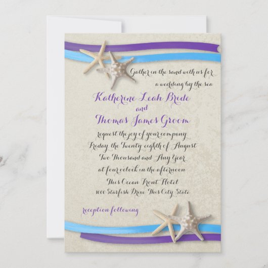 Paarse en blauwe strand bruiloft zeester en lint kaart (Voorkant)