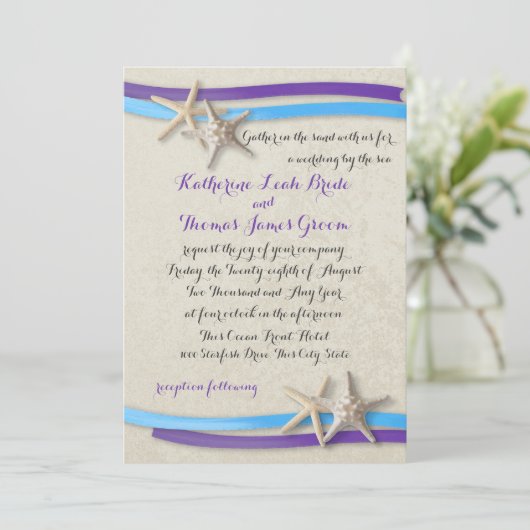 Paarse en blauwe strand bruiloft zeester en lint kaart (Staand voorkant)