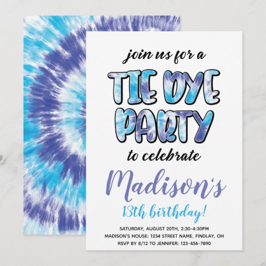 Paarse en blauwe tie Dye Birthday Party, elke leef Kaart (Voorkant / Achterkant)