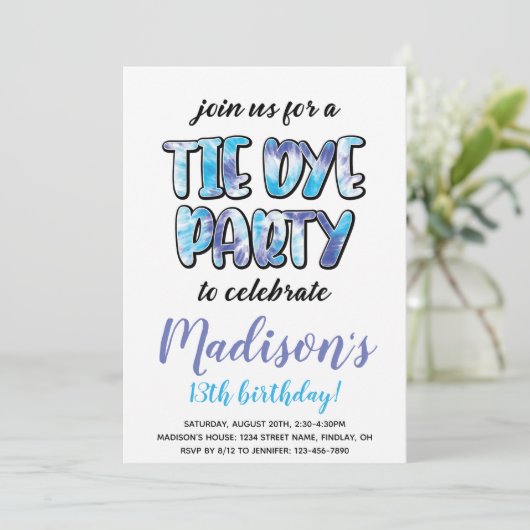 Paarse en blauwe Tie Dye verjaardagsfeestje, elke  Kaart (Staand voorkant)