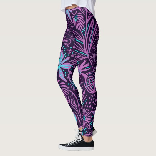 Paarse en blauwe tropische bloemen Yoga Leisuredon Leggings (Links)
