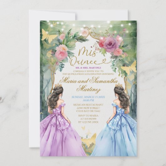 Paarse en blauwe tweeling prinses Quinceañera Kaart (Voorkant)