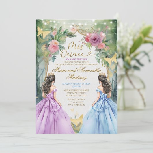 Paarse en blauwe tweeling prinses Quinceañera Kaart (Staand voorkant)