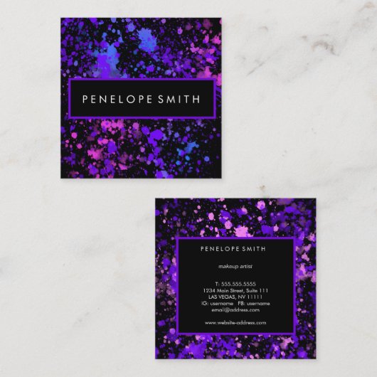 Paarse en blauwe verfplaat vierkante visitekaartje (Voorkant / Achterkant)