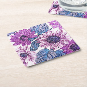 Paarse en blauwe vintage bloemkunst kartonnen onderzetters
