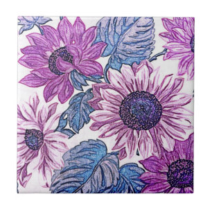 Paarse en blauwe vintage bloemkunst tegeltje