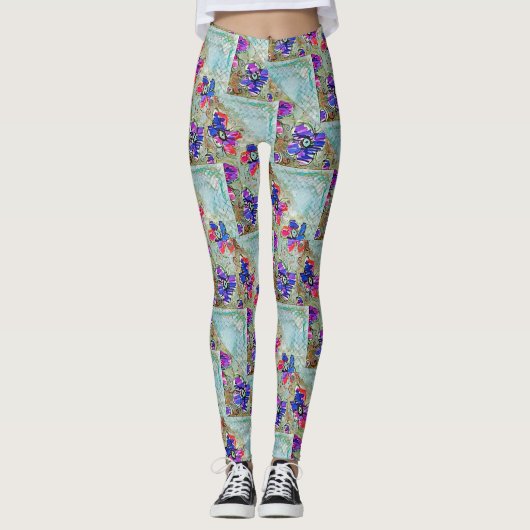 Paarse en blauwe vloerpleinen Zigzags Leggings (Voorkant)