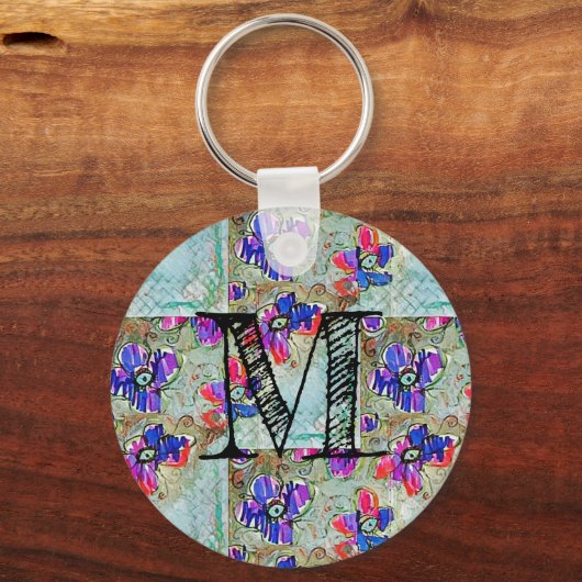 Paarse en blauwe vloerpleinen Zigzags Sleutelhanger (Voorkant)