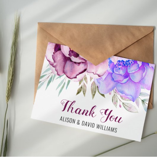Paarse en blauwe waterverf bloemen bloemen trouwer bedankkaart